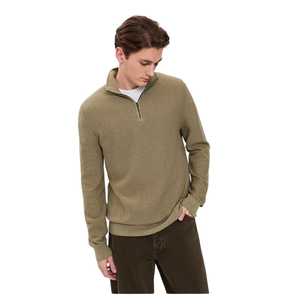 Vince Geo Jacquard Quarter Zip Wool Cashmere Blend Sweater Teton/River Sand Sz M